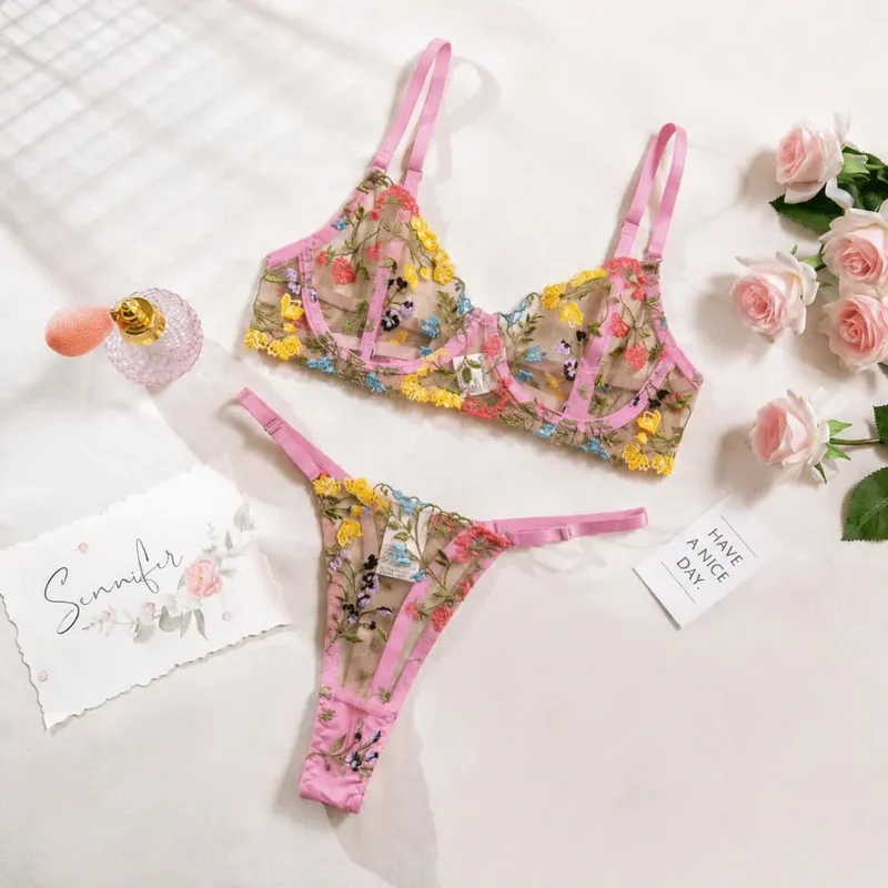 Set Pakaian Dalam Bunga Bohemia 2 Keping Sulaman Seluar Dalam Serbaguna Intimate Underwire Push-up Set Seluar Dalam Bra Tipis Untuk Gadis Wanita