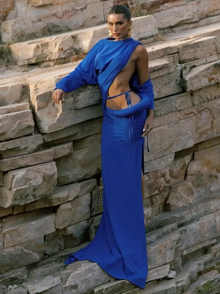 Nibber Waistless Long Dresses Woman Irregular Hollow Design Autumn Style o-Neck Full Sleeve Vacation Fashion Elegant Vestidos