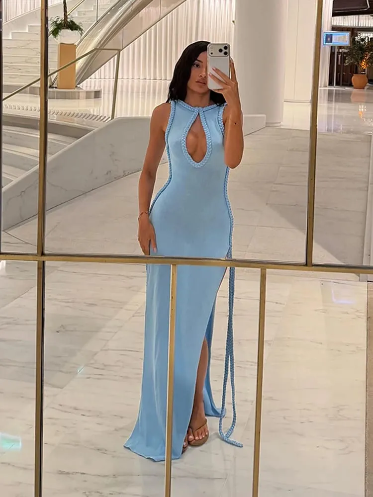 Halter Neck Knitted Women's Dress Braided Trim Cutout High Slit Solid Party Evening Maxi Dress For Women 2026 New Fashion — image 5