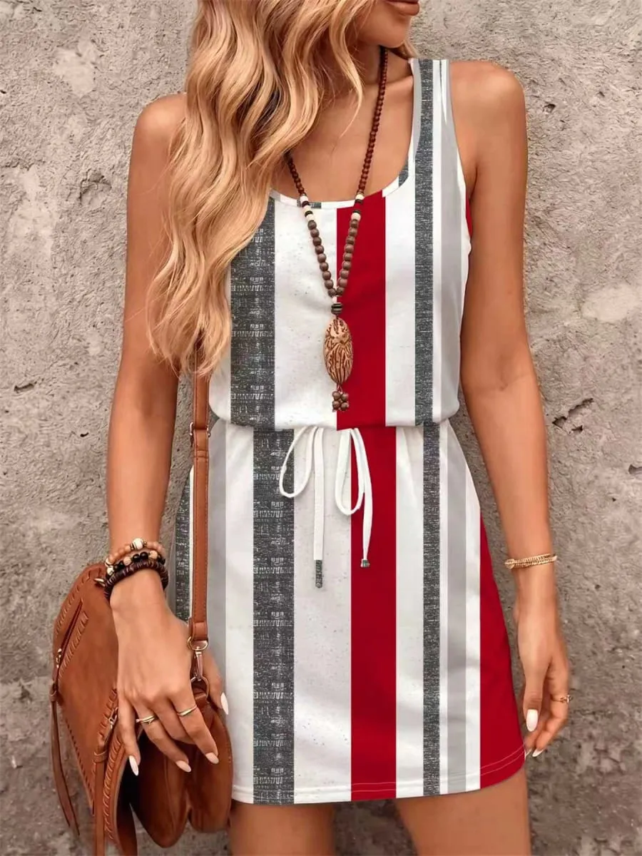 Summer Style Red White and Gray Striped Print Drawstring Waist Sleeveless Dress Suitable for Women's Beach Vacation Dresses