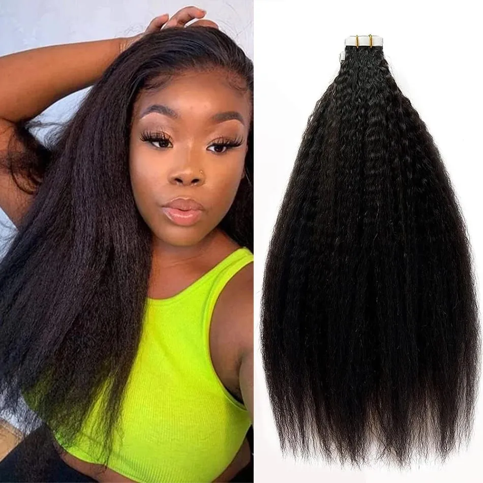 Kinky Straight Tape In Hair Extensions 20Pcs/50g Yaki Tape Ins Invisible Adhesive Glue Seamless Full Head Remy 100% Human Hair