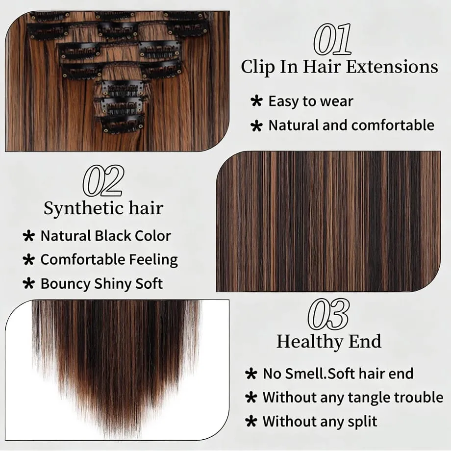 24 Inch 8Pcs Clip in Hair Extensions Long Straight Hair Extensions Soft Synthetic Hairpieces for Women Daily Fashion Hairstyle — image 3
