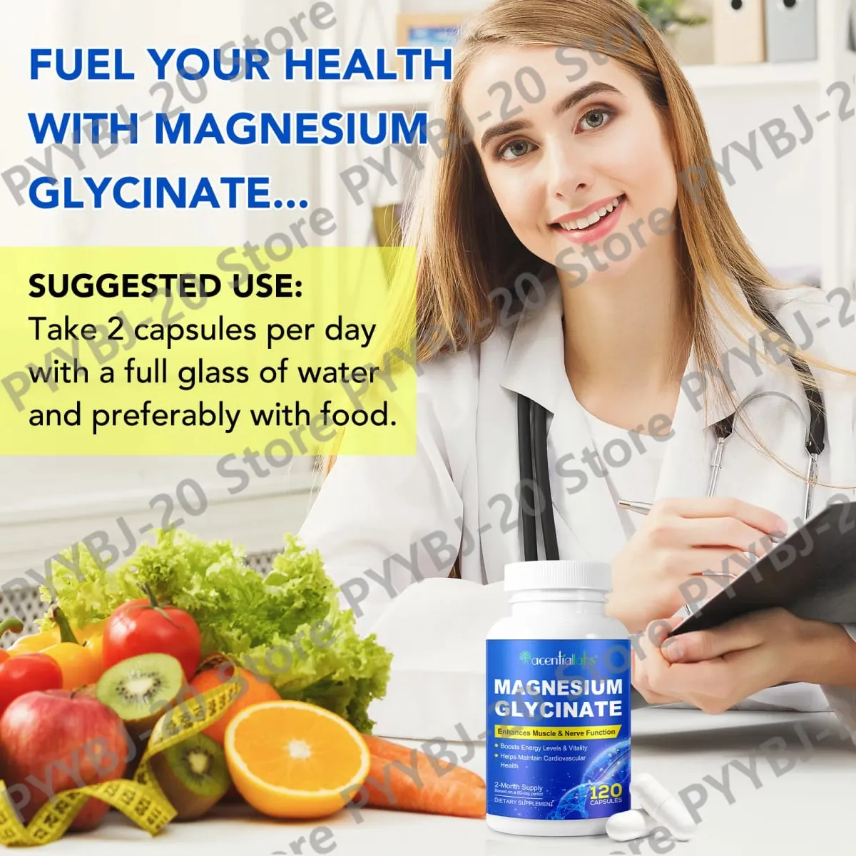 Acentiallabs Magnesiumglycinaat 120 capsules - Puur biologisch Vegetarisch Ondersteunt de gezondheid van de botten Slaap- en spierzenuwondersteuning