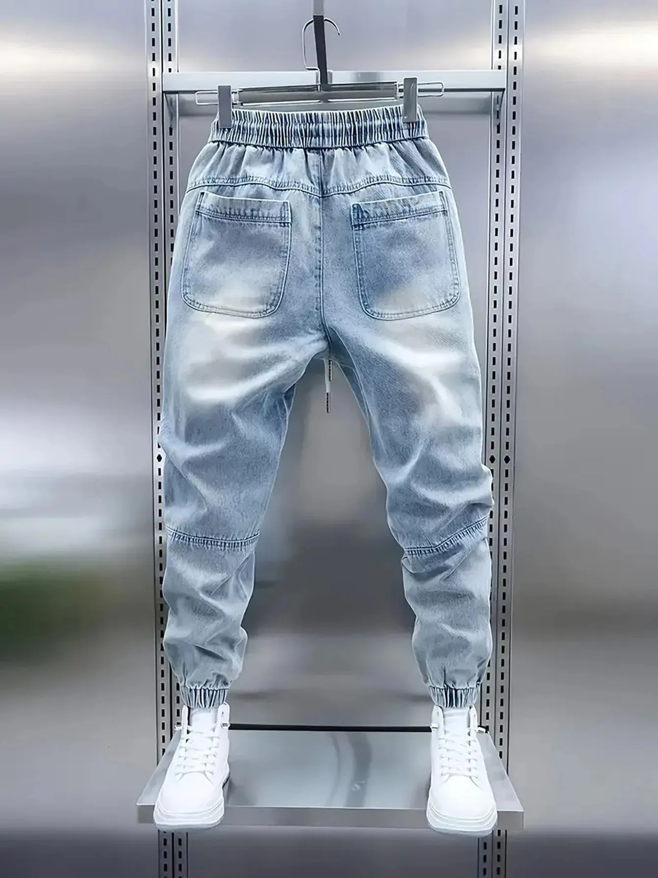 Men's New Drawstring Elastic Waist Light Blue Cuffed Baggy Jeans — image 4