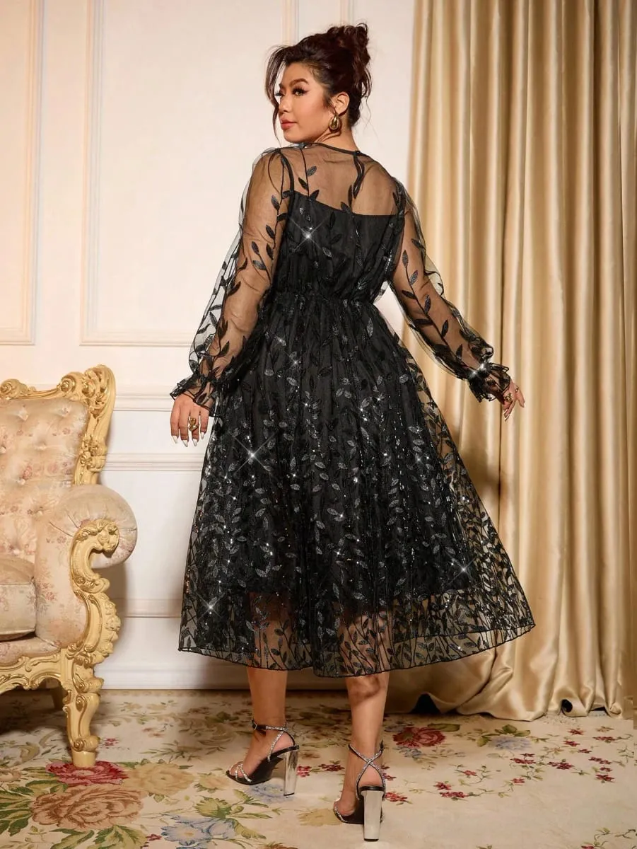 Sophisticated Dinner Dress with Sheer Sleeves and Sparkling Details for Galas — image 3