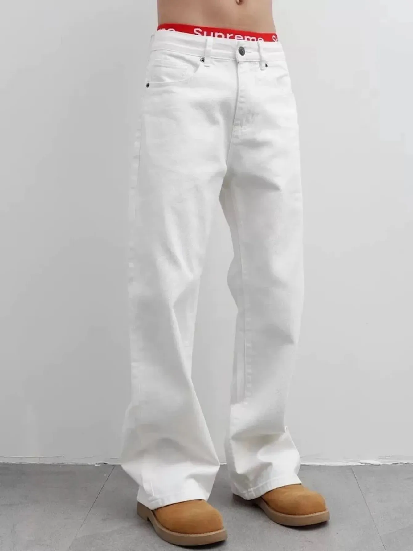 【HME】Men's Jeans | Street Fashion Denim Pants Solid White Flared‑Leg Denim Trousers With Fine Craft Stitching Versatile Casual Pants Well‑Built Denim Bottoms Trendy Male Denim Apparel For Multiple Daily Occasions — image 2