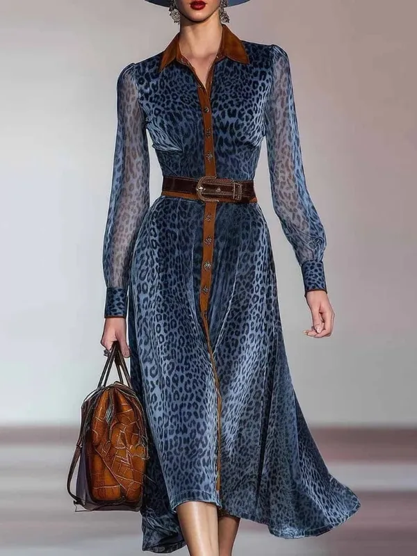 Women Elegant Dress Leopard Printed Mesh Dress Colorblock Lapel Collar Single Breasted Vintage Chic Long Sleeve Dress