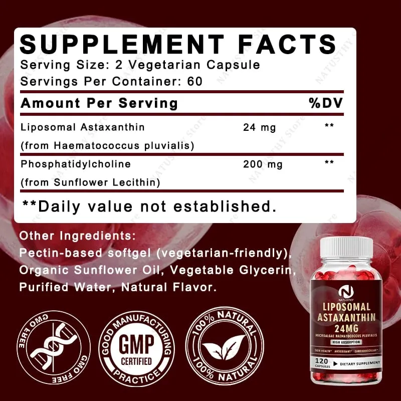 Liposomal Astaxanthin Capsules 24mg for Brain Heart Vitality Skin Joint Eye Immune Health