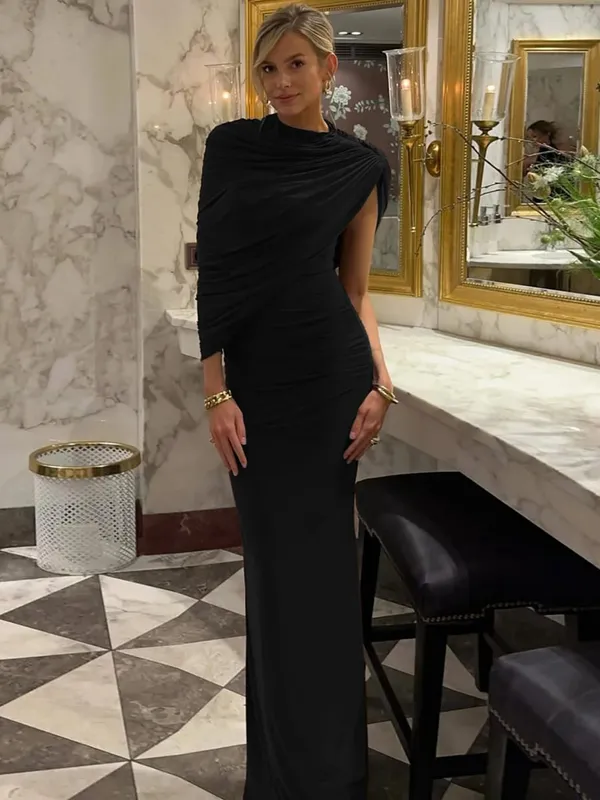 Hugcitar Women Fashion Turleneck Solid Short Sleeve Irregular Sexy Ruched Maxi Prom Dress Summer Clothes Evening Party Birthday