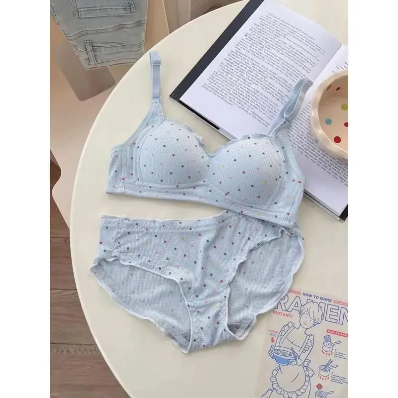 White Polka Dot Wireless Bra for Teens Push Up Bust Retraction Support Non Padded Bralette Set Small Chest Anti Sagging MOYISU