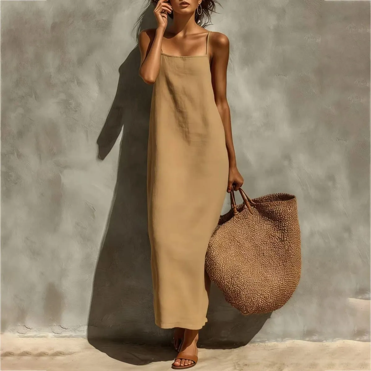 Summer Women Solid Color Casual Comfortable Slip Sundress Sand Beachwear Backless Sleeveless Loose Maxi Long Vacation Dresses