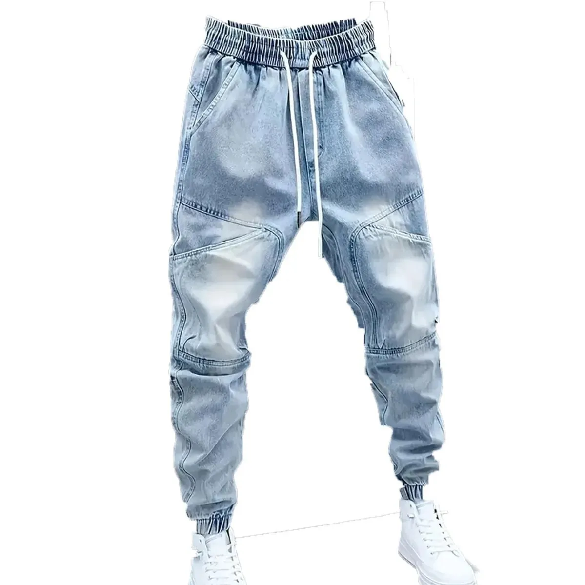 Men's New Drawstring Elastic Waist Light Blue Cuffed Baggy Jeans — image 5