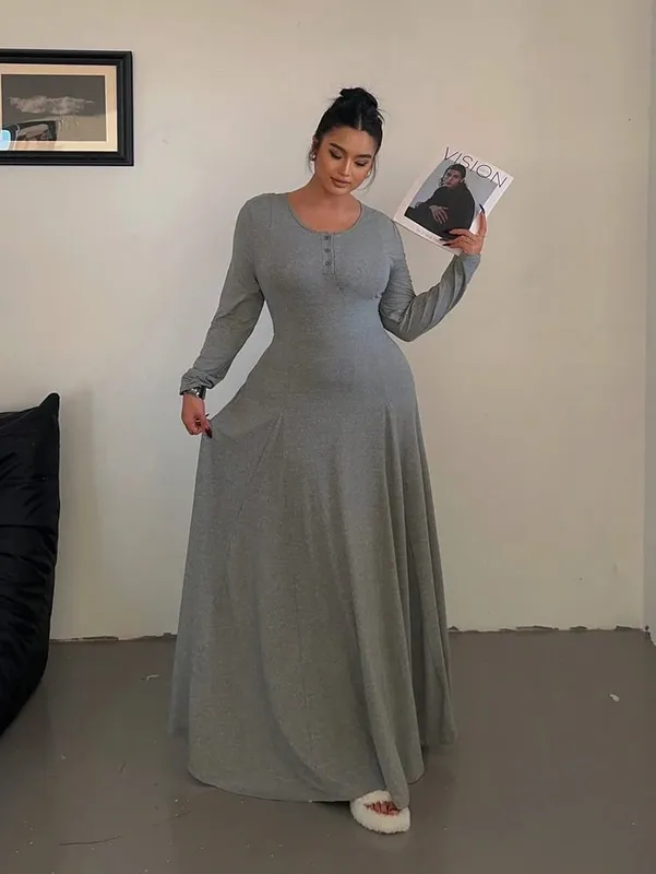 Plus-Size Solid-Color Knit Elegant A-Line Flowy Maxi Dress | Women's Long Dress | Casual & Commuter Style