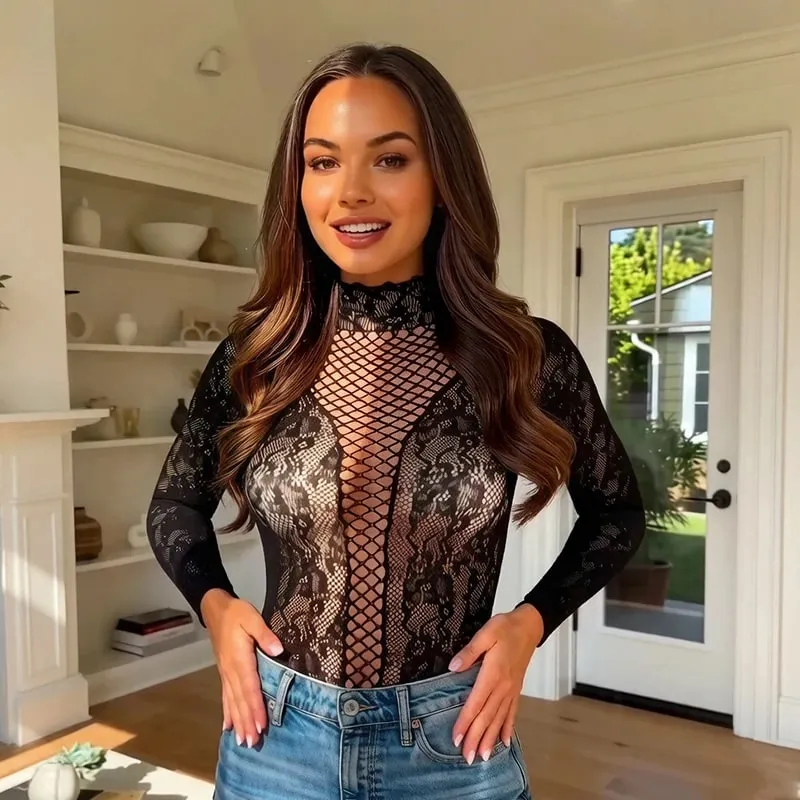 Women Summer Long Sleeve Bodysuit Cover Up Hollow Out Beachwear Without Underwear Sheer Mesh Fishnet Music festival Swimsuit — image 3
