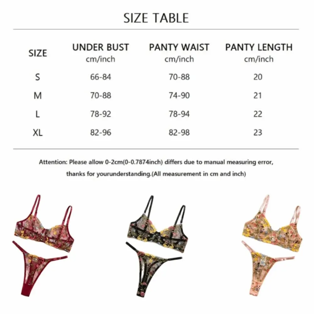 2-Piece Bohemia Floral Lingerie Set Embroidery Versatile Underwear Intimates Sheer Underwire Push-up Bra Panty Set For Lady Girl