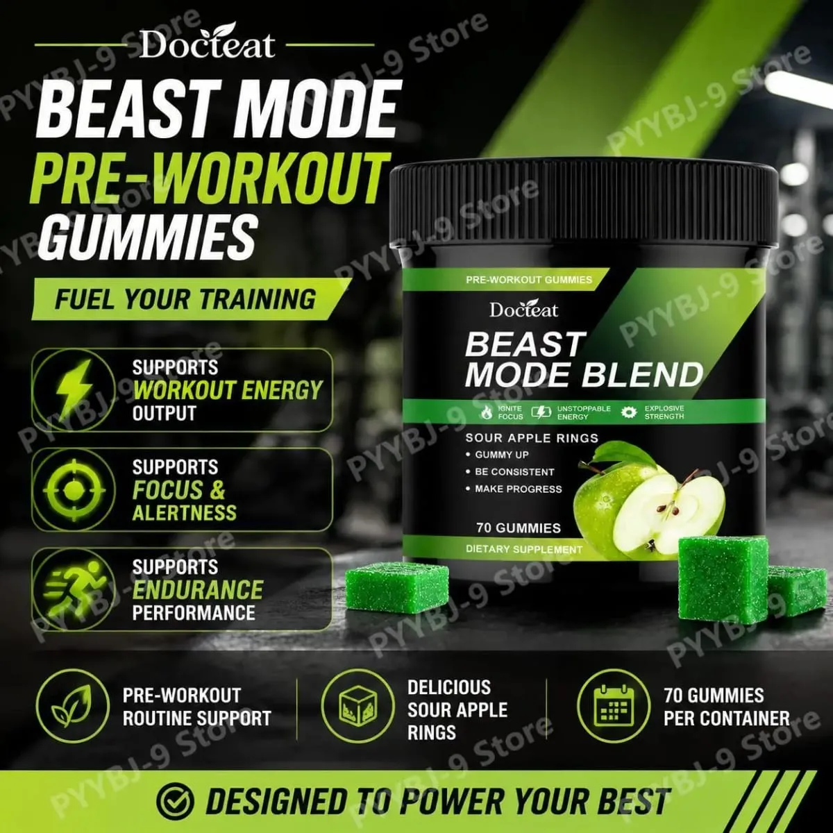 Docteat Beast Mode Blend Pre Workout Gummies Energifokus & uthållighet Stöd för styrketräning och aktiva gym dagar 70 Count — image 2