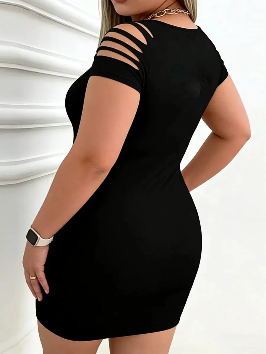 Plus Size Slim Fit Mini Dress for Women with Hollow Short Sleeved Elastic Slim Fit Solid Color Sexy Fashionable Party Date Dress