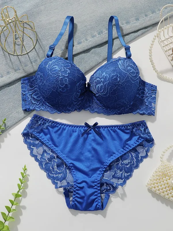 Blue Lace Push Up Bra Set Women Sexy Underwire Bra & Panty Set Lingerie Sets Breathable Ladies Intimates
