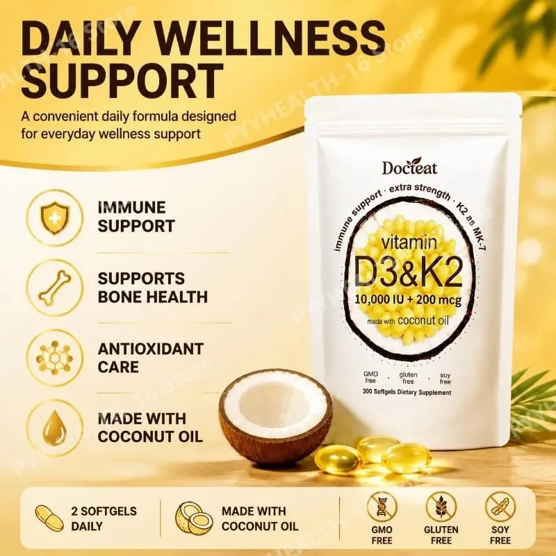 Docteat Vitamin D3 & K2 Softgels with Immune Support and Bone Health Coconut Oil GMO Free Gluten Free Soy Free 300 Softgels