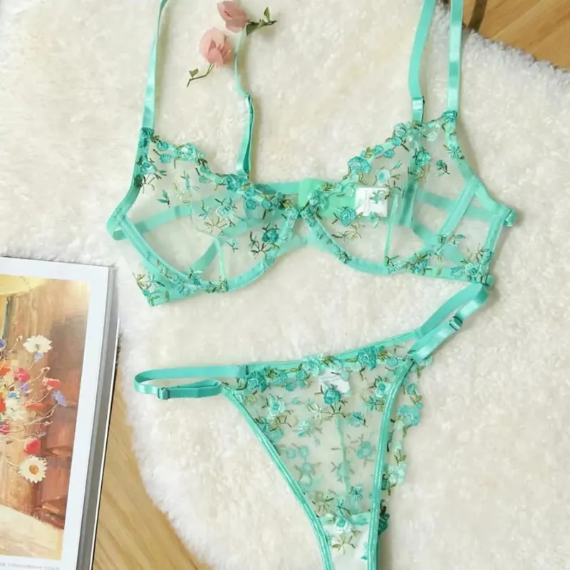 French Elegant Lingerie Set-Floral Embroidery Semi-Transparent Bra & Brief Black Sensual Women's Underwear Luxury Intimates