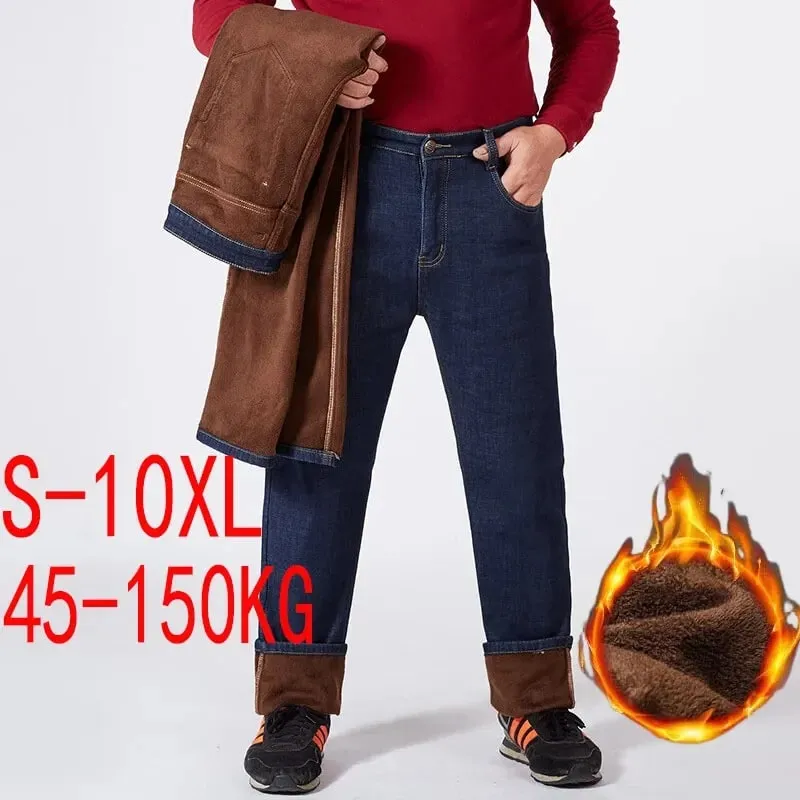 Men Plus Size 10XL Winter Warm Plush Jeans Stretch Loose Straight Baggy Denim Trousers for Comfortable Wear Oversize Streetwear — image 1