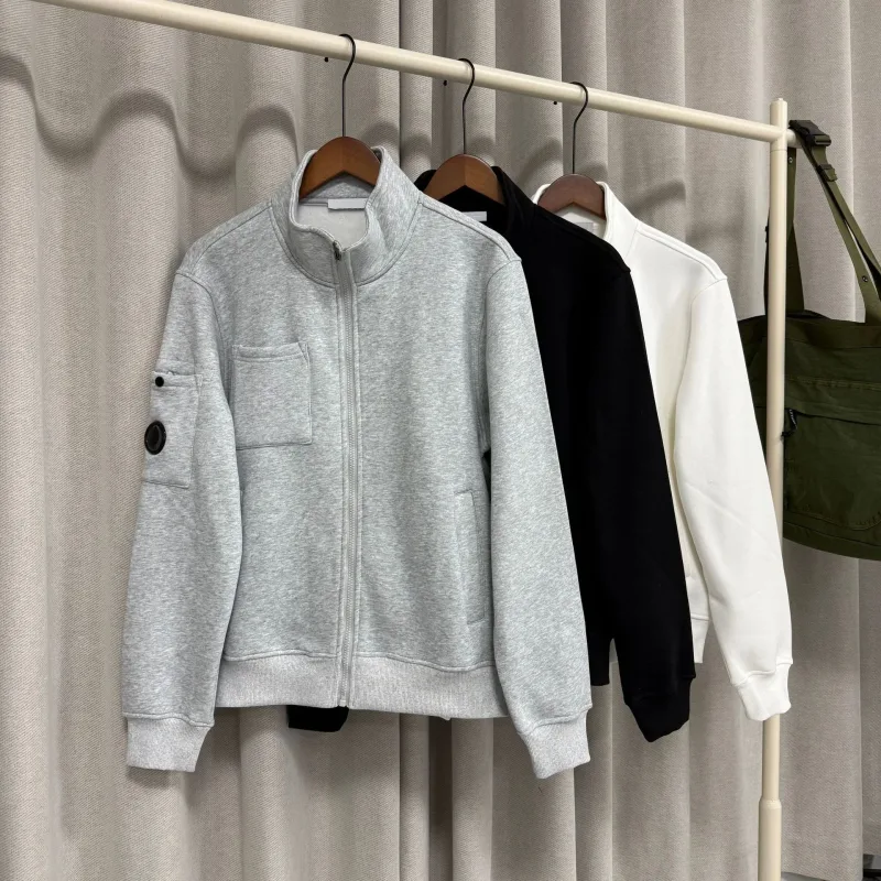 Primavera novo estilo casual cor pura gola jaqueta masculina manga longa fechamento com zíper confortável moletom de algodão
