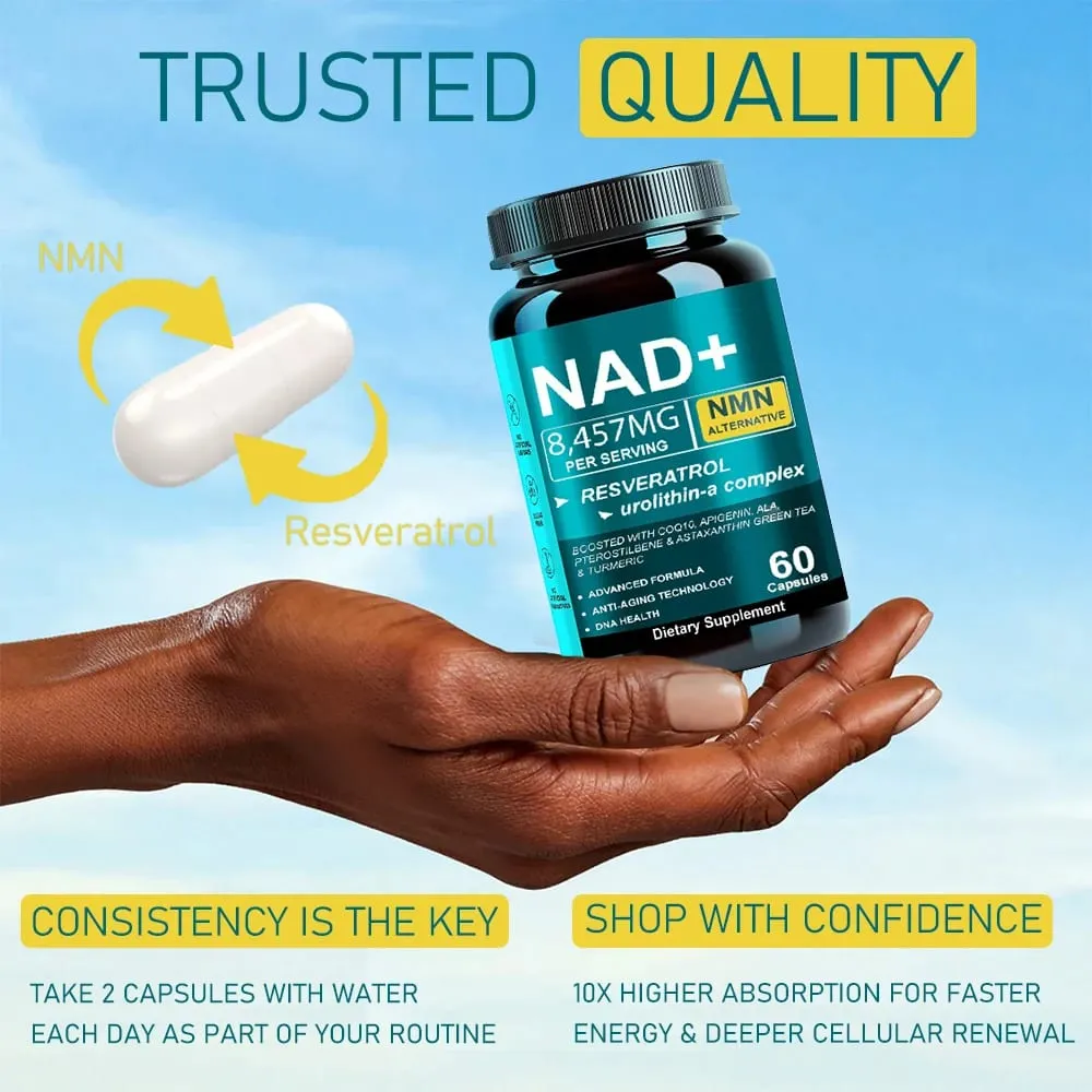 NAD Supplement 8457mg Plus for Energy Focus Skin & Anti-Aging Support - NMN Alternative Liposomal + Green Tea 60 Capsules — image 3