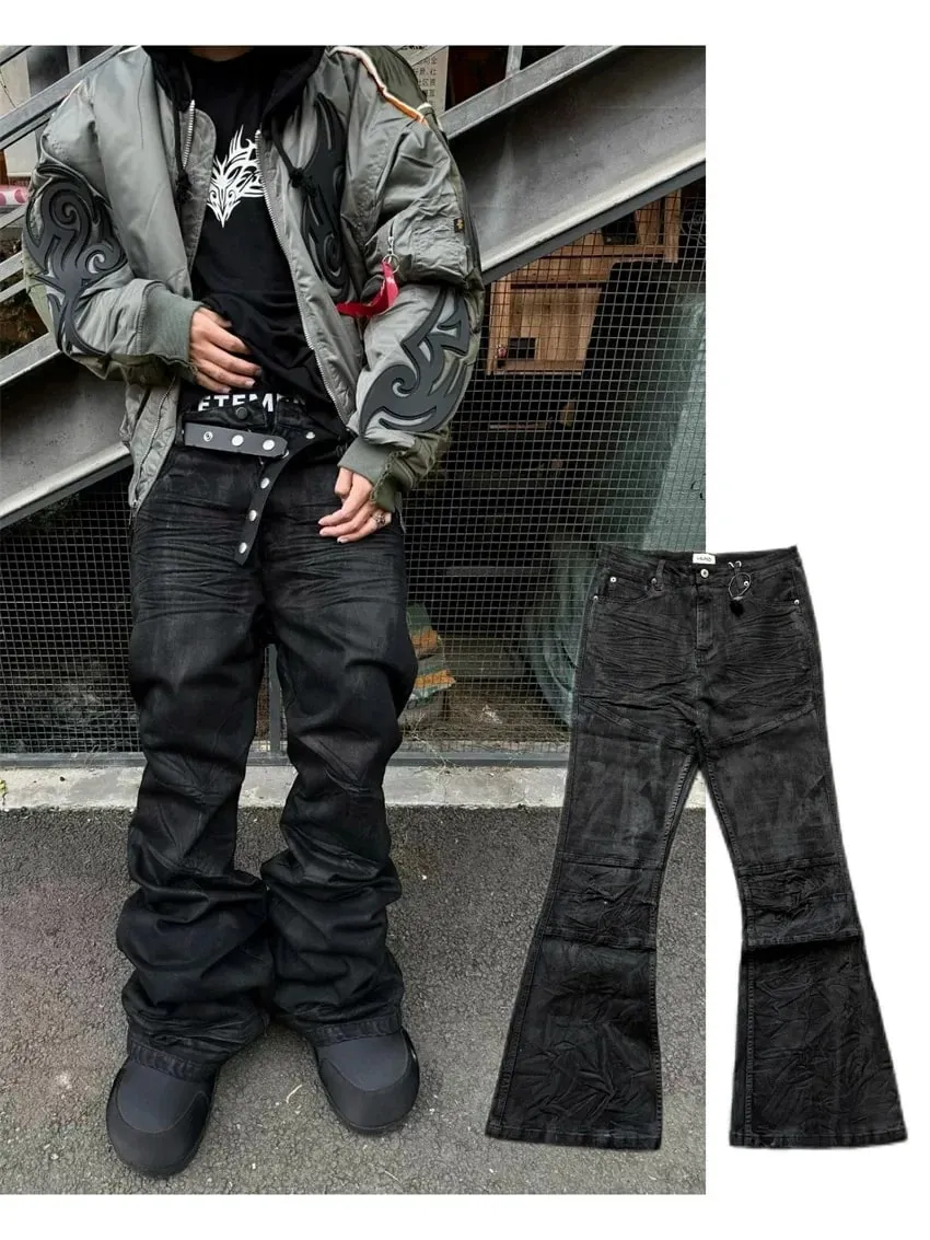 High street coated micro-flare jeans American retro heavy industry men and women black gothic retro casual loose jeans — image 2