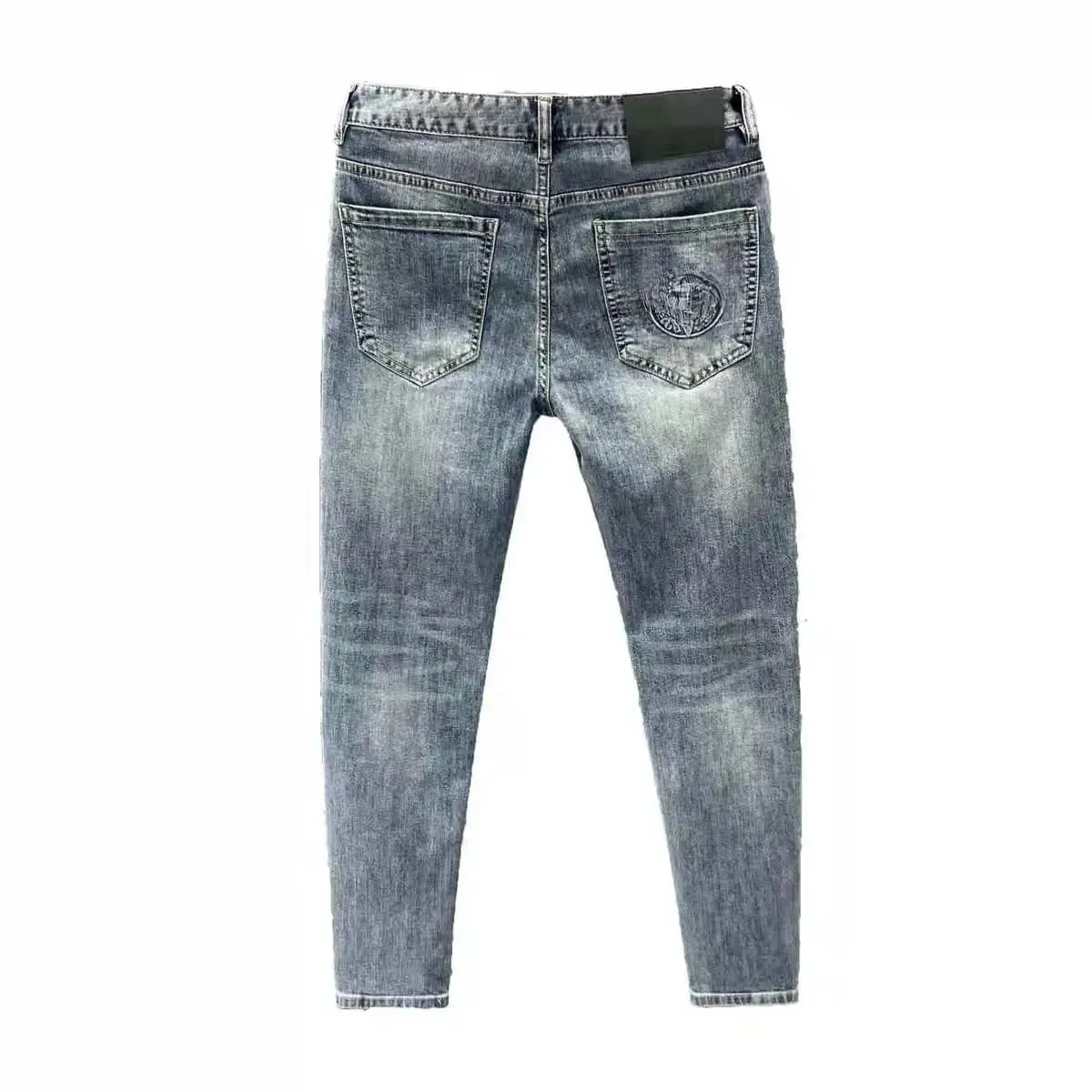 Korean Climate Lot Pants Light Luxury Trendy Brand Embossed Blue Jeans Men's Handsome Slim-fit Small Feet Elastic Trousers New — image 5