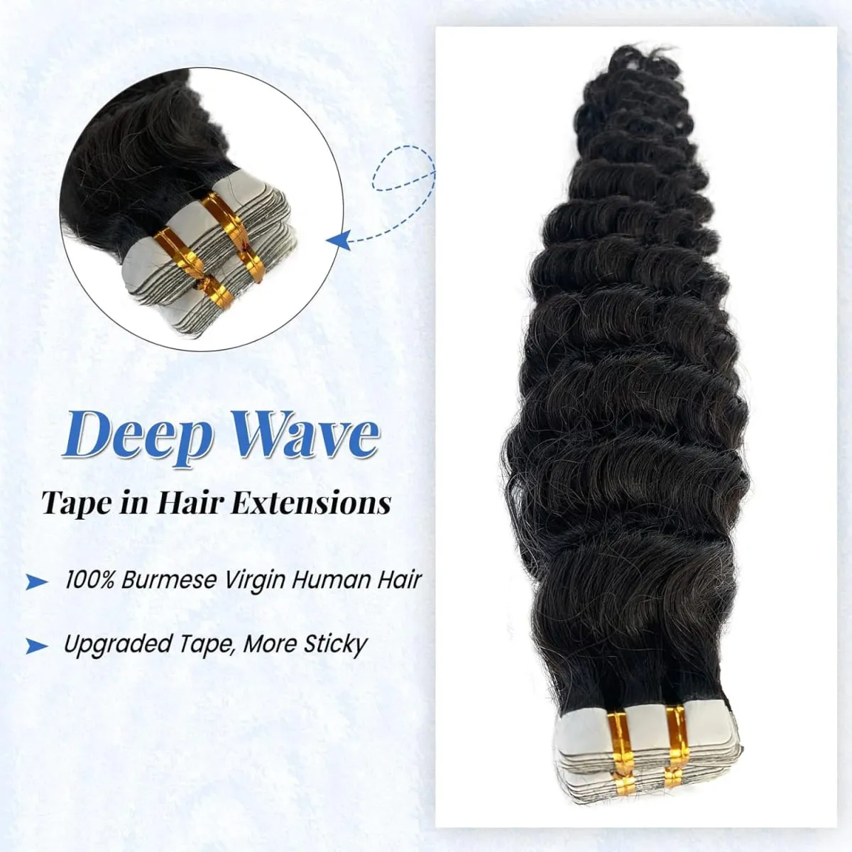 Deep Wave Tape In Hair Extensions Natural Black 100% Human Hair 20pcs/50g Curly Tape Ins Invisible Seamless Replaceable Glue #1B — image 2