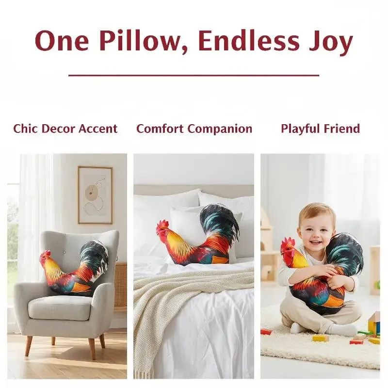 Lifelike 3D Rooster Plush Throw Pillow Soft Fluffy Vivid Print Cushion for Couch Bed Decor Unique Gift for Animal Lovers