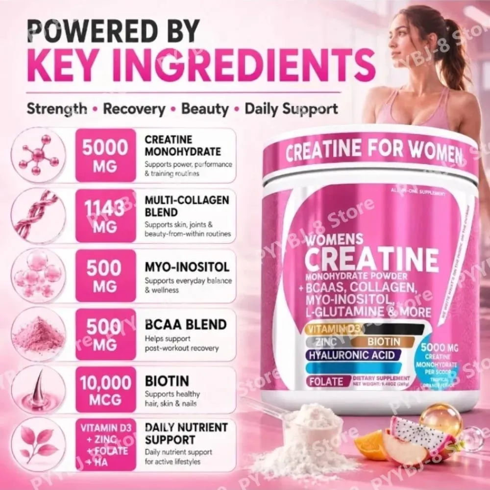 Women's Creatine Monohydrate Powder 5000mg BCAA Multi-Collagen Biotin Vitamin D3 Tropical Orange Sports Nutrition 30 Servings