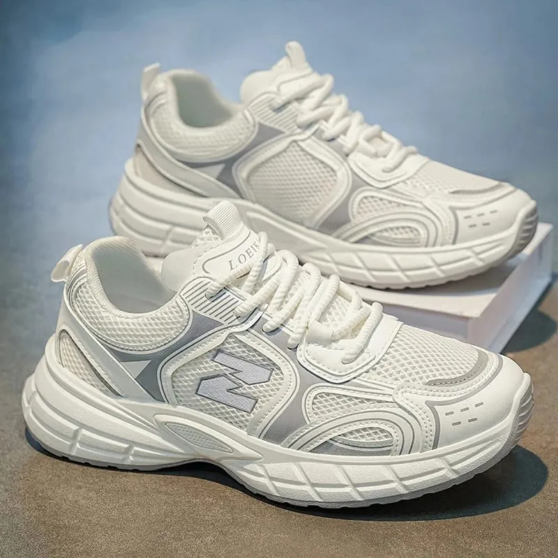 Men Breathable Mesh Dad Shoes Lightweight Casual Sneakers White Gray Daily Street Walking Footwear — image 8