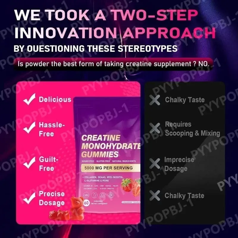 Creatine Monohydrate Gummies with Collagen BCAA and Vitamins Fitness Supplement Strawberry Flavor Daily Workout Support Sugar — image 6