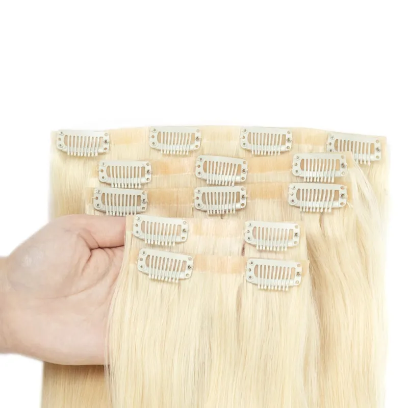 PU Seamless Clip In Hair Extensions Real Natural Invisible PU Tape Weft Clip Ins Machine Remy 12-24inch Invisible Clip Ins 7PCS