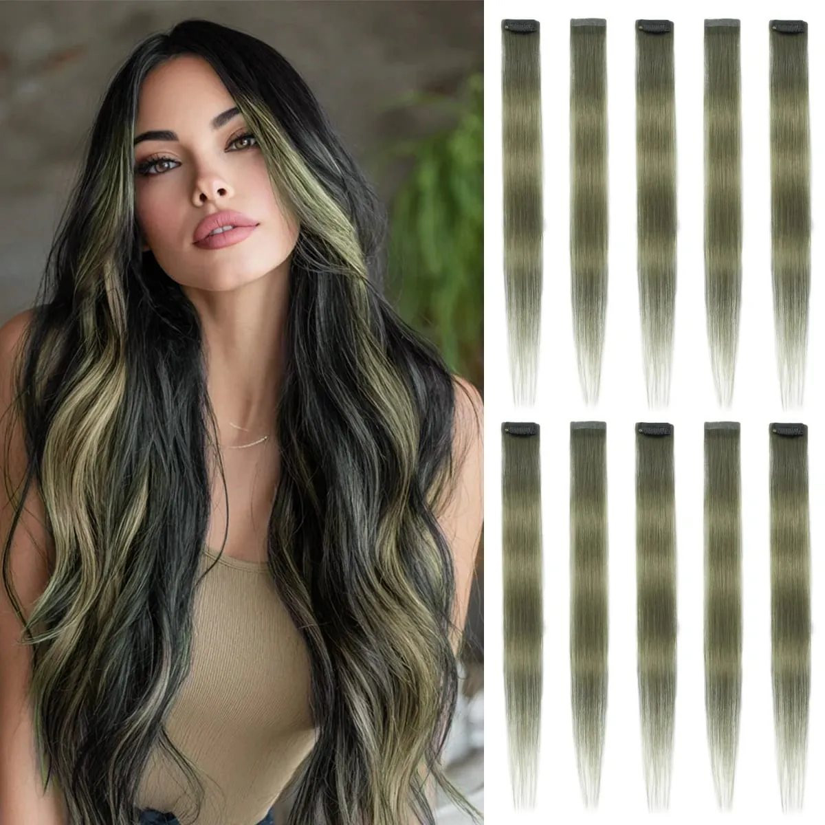 2 Pcs Green Hair Extensions 16Inches Straight Colored Hair Colorful Clip in Extensions Highlight Party for Girls and Women Gift