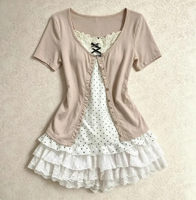 Pakaian Perca Renda Vintaj Y2K Wanita Set Dua Keping Kardigan Retro Elegan Musim Panas + Pakaian Mini Ramping Tanpa Lengan Fesyen Manis
