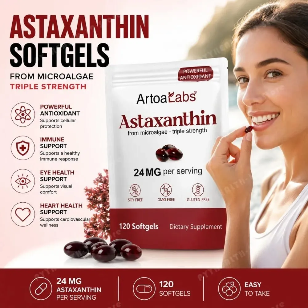 Astaxanthin Softgels 24Mg Kekuatan Tiga Kali Lipat Antioksidan Kuat Mendukung Kesehatan Mata Mikroalga Bebas Kedelai Bebas Gluten 120 Hitung — image 2