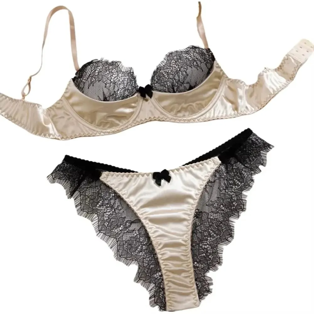 Satin Fabric Eyelash Lace Patchwork Ultra Thin Unlined Bra Sets Underwear with Underwire Sexy Lingerie Women Brassiere