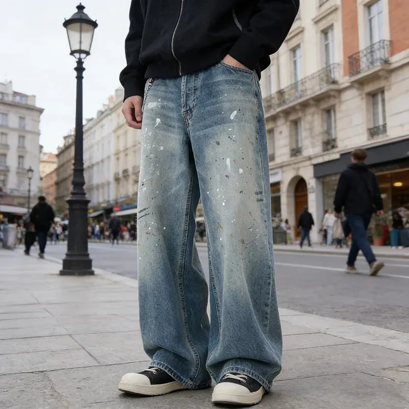 Autumn Korean Splashed Ink Jeans Men'S Straight Leg Pants Fashionable High Street Retro Loose Wide Leg Pants Design Pants