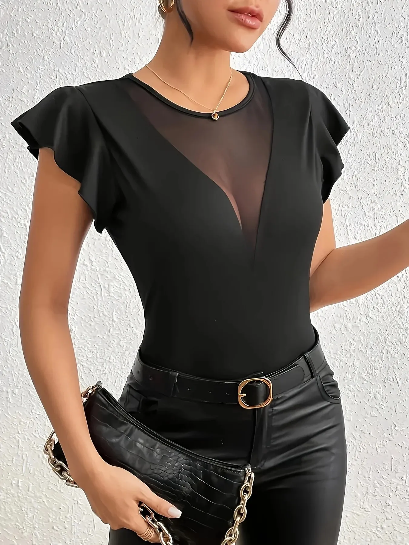 Sexy Deep V Sheer Mesh Patchwork Flutter Sleeve Slim Fit Bodysuit