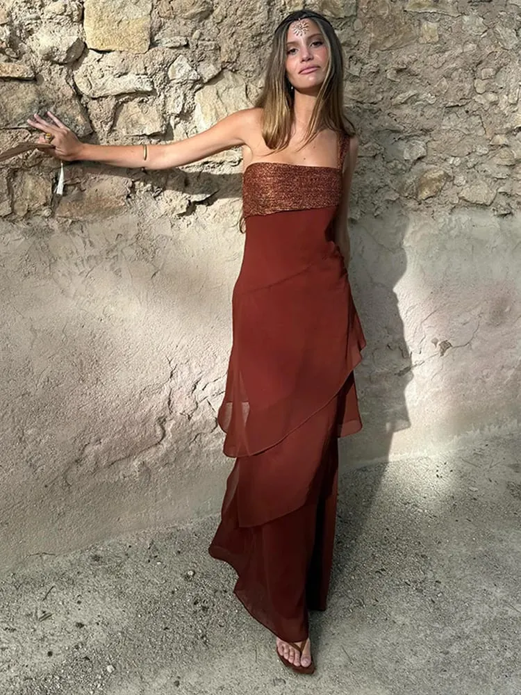 Elegant Patchwork Women's Dress Sleeveless Cascading Ruffle Skew-Collar Lady Long Dresses 2026 Summer Chic Female Vacation Robe — image 5