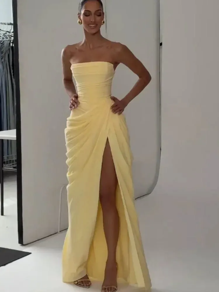 Mulheres amarelo elegante sem alças vestido plissado sexy sem mangas cintura cinching split maxi vestidos 2026 senhora novos vestidos de festa à noite
