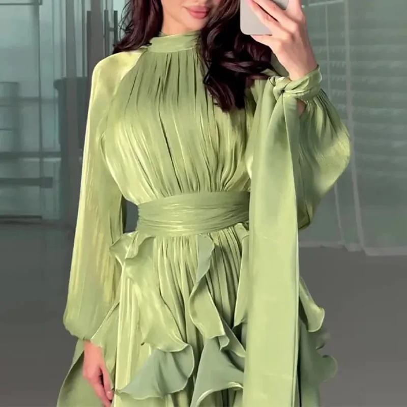 Fashion High Waist Pleat Party Dress Lady Casual High Collar Layered Banquet Dress Elegant Long Sleeve Solid Color Evening Dress
