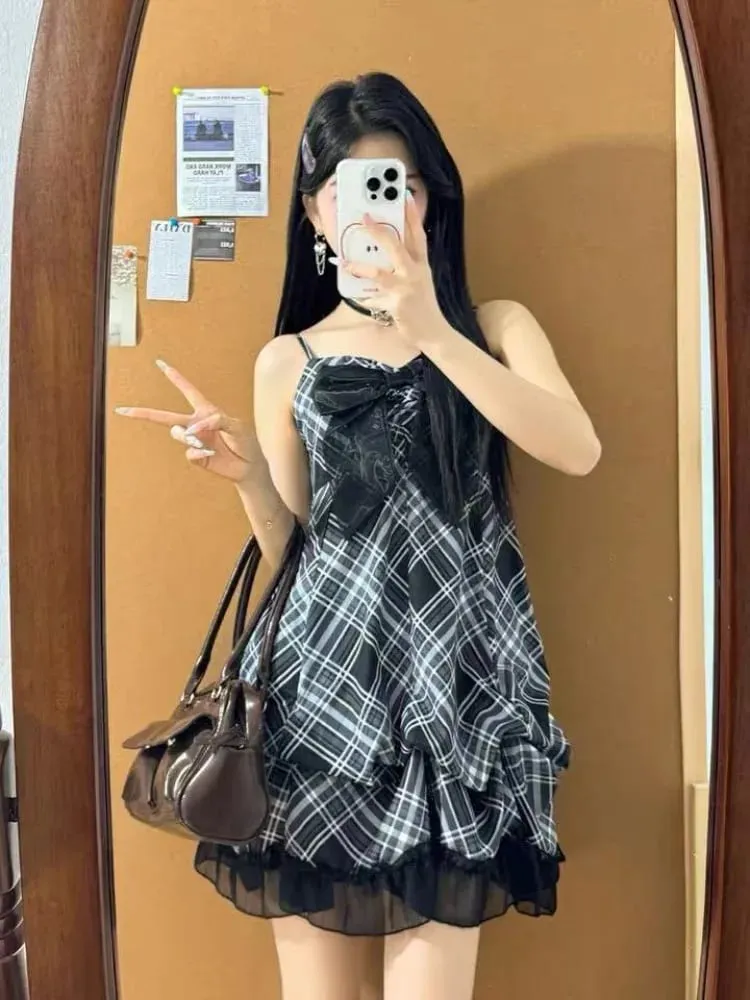 2025 estilo japonês do vintage cinta vestido feminino coreano moda preto rendas cami vestidos de verão doce retalhos novo vestido de uma peça