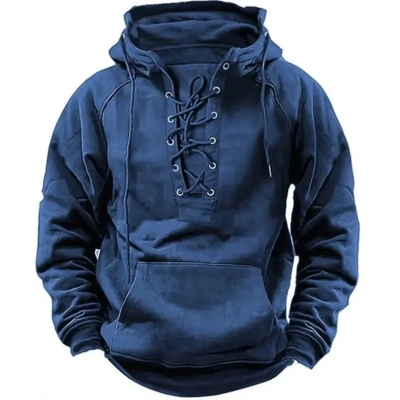 Men's Retro-Style Lace-Up Hooded Sweatshirt Loose-Fitting Long-Sleeved Pullover Pure Color Design for Autumn Winter Hoodie — image 5