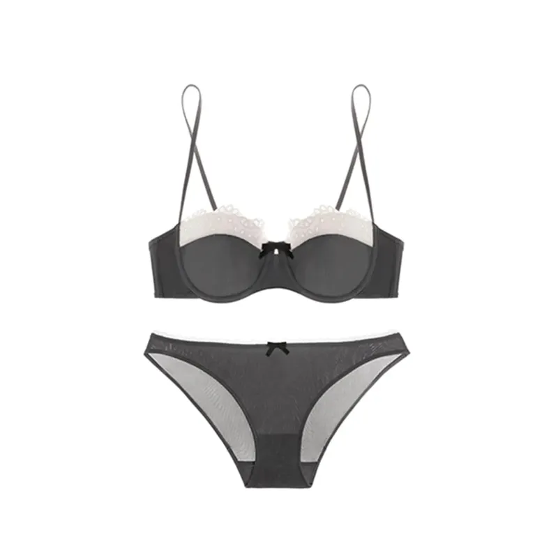 Elegant Women's Lace Lingerie Set Delicate Sensual Bralette Small Breasts Gather Support Thin Summer Bra Beautiful Back Design