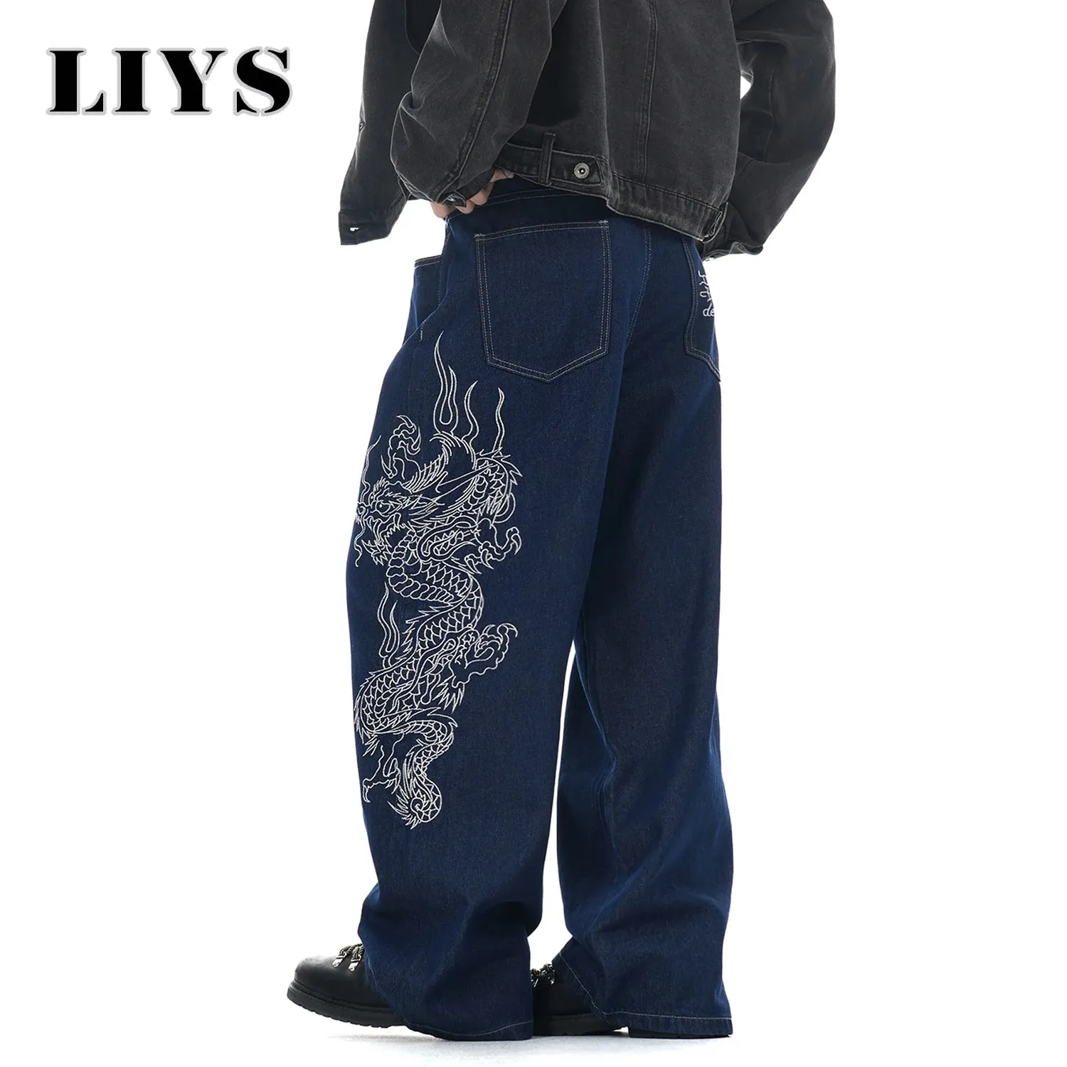New Men's Blue Baggy Dragon Embroidered Wide Leg Jeans Spring Summer Classic Blue Baggy Washed Denim Pants Unisex Clothing