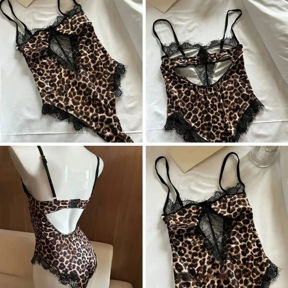 Sexy Leopard Print Halter Bodysuit for Women Thin Stretch Lace Lingerie One-Piece with Hanging Neck
