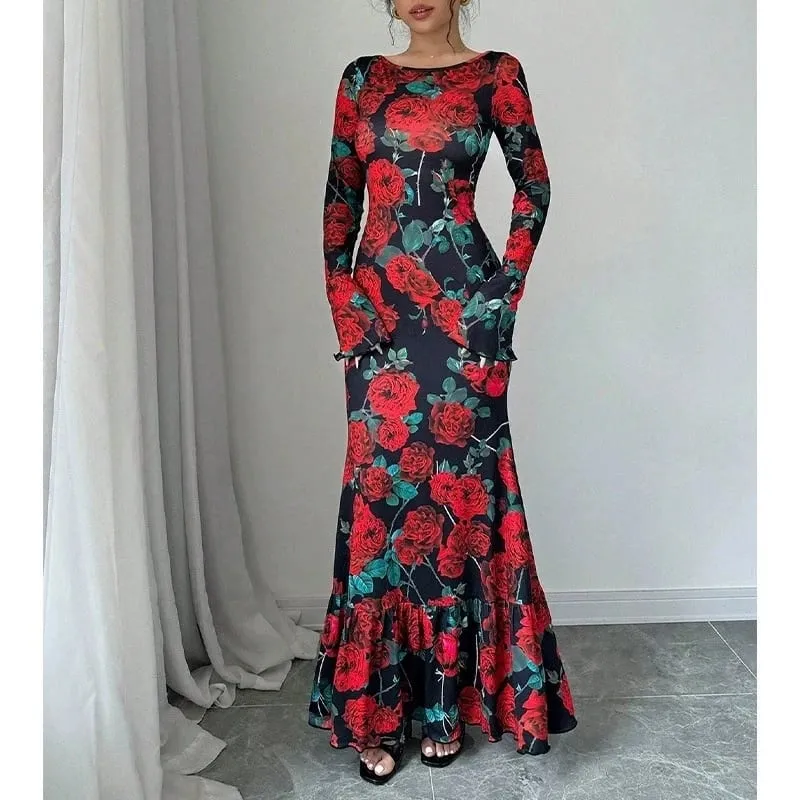 Elegant Rose Printed Maxi Dress O Neck Long Sleeves Bodycon Fishtail Dress Figure Slim Rose Floral Pattern Adds Charm Long Dress — image 3